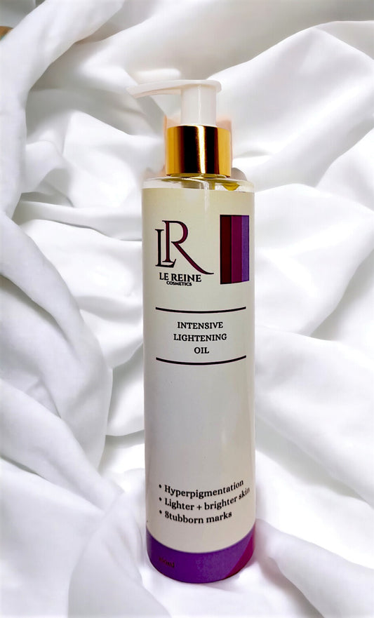 Le Reine cosmetics- intensive lightening oil-skin lightening oil that works-skin whitening- skin lightening benefits- hyperpigmentation-dark marks solution-dark inner thigh- dark knuckles-dark neck